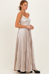Beige Pleated Satin Sleeveless Maxi Dress