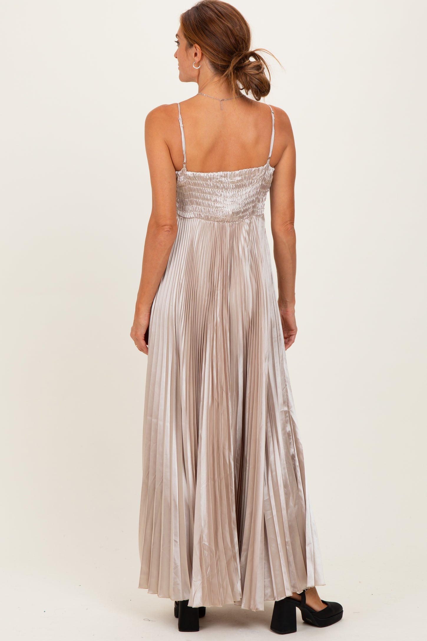 Beige Pleated Satin Sleeveless Maxi Dress