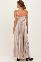 Beige Pleated Satin Sleeveless Maxi Dress