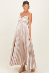 Beige Pleated Satin Sleeveless Maternity Maxi Dress