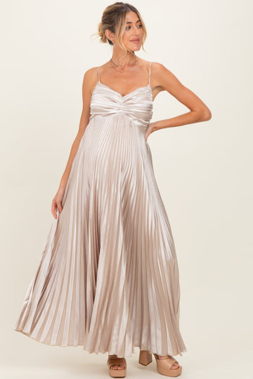 Beige Pleated Satin Sleeveless Maternity Maxi Dress