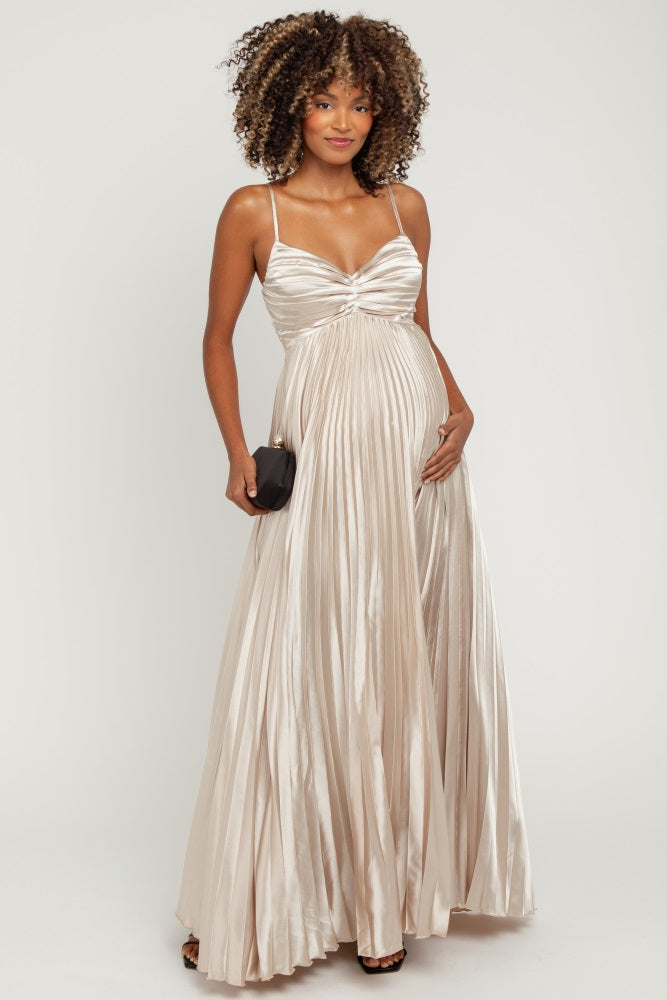 Beige Pleated Satin Sleeveless Maternity Maxi Dress PinkBlush Beige Pleated Satin Sleeveless Maternity Maxi Dress PinkBlush