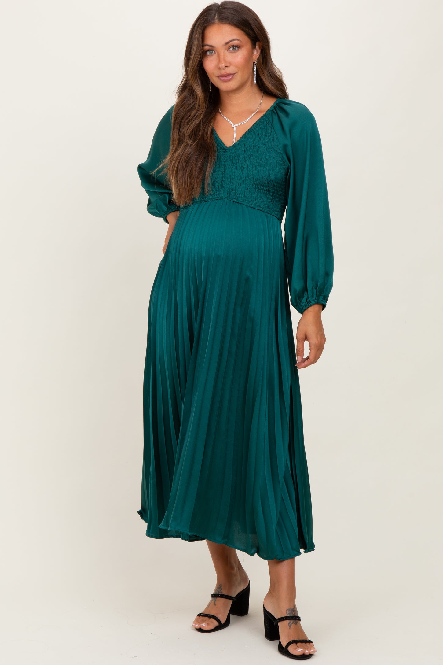 Forest Green Satin Smocked Pleated Maternity Midi Dress PinkBlush Forest Green Satin Smocked Pleated Maternity Midi Dress PinkBlush