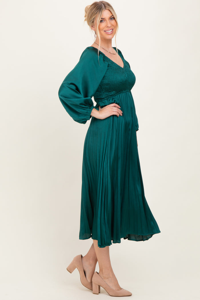 Forest Green Satin Smocked Pleated Midi Dress