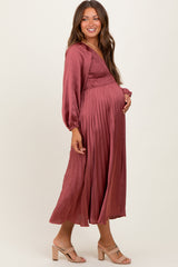 Mauve Satin Smocked Pleated Maternity Midi Dress