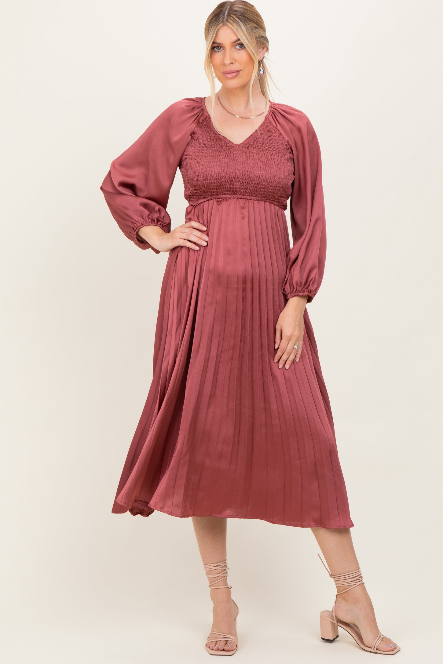 mauve dress midi Mauve Satin Smocked Pleated Midi Dress