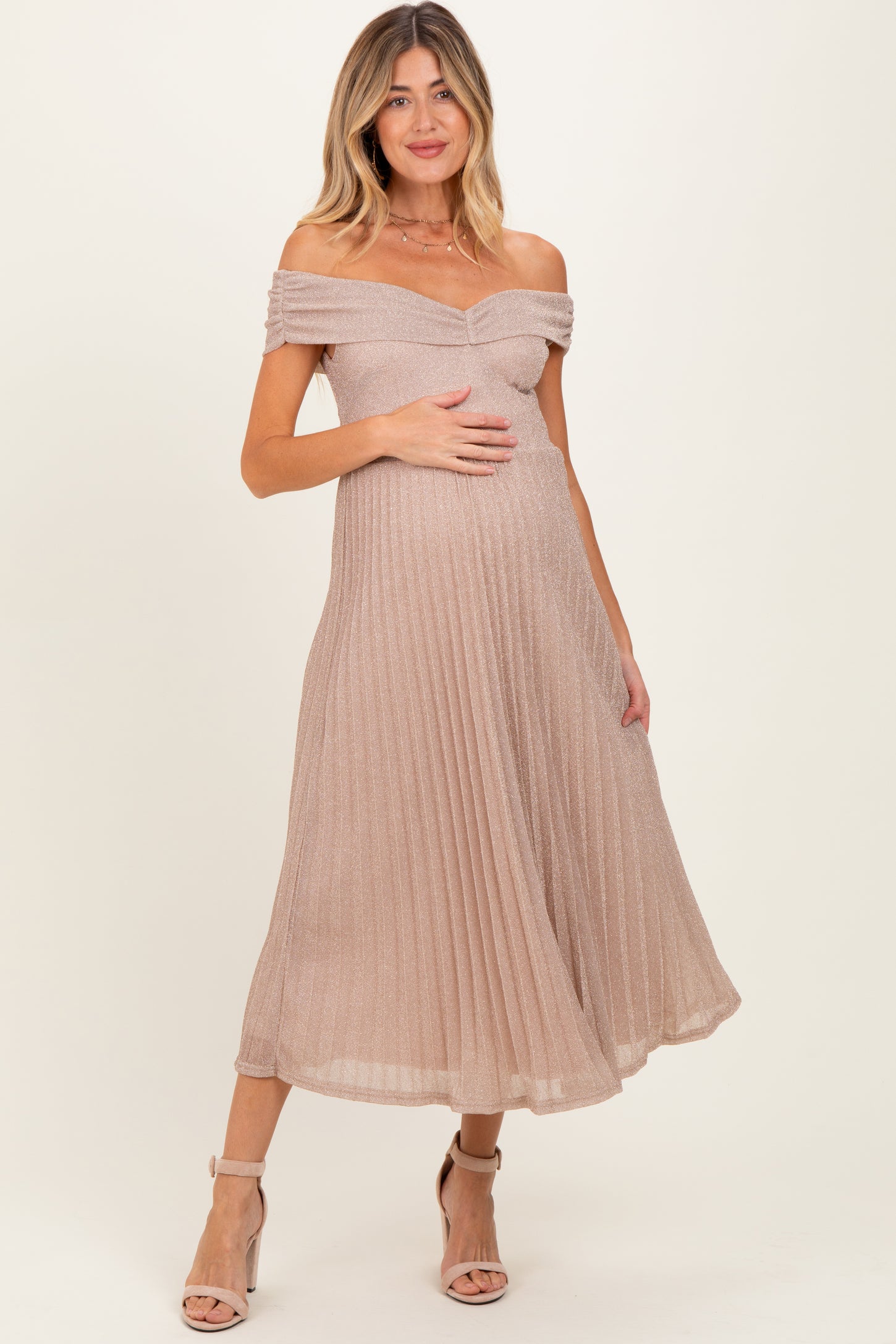 Beige Shimmer Off Shoulder Pleated Maternity Midi Dress – PinkBlush Beige Shimmer Off Shoulder Pleated Maternity Midi Dress – PinkBlush