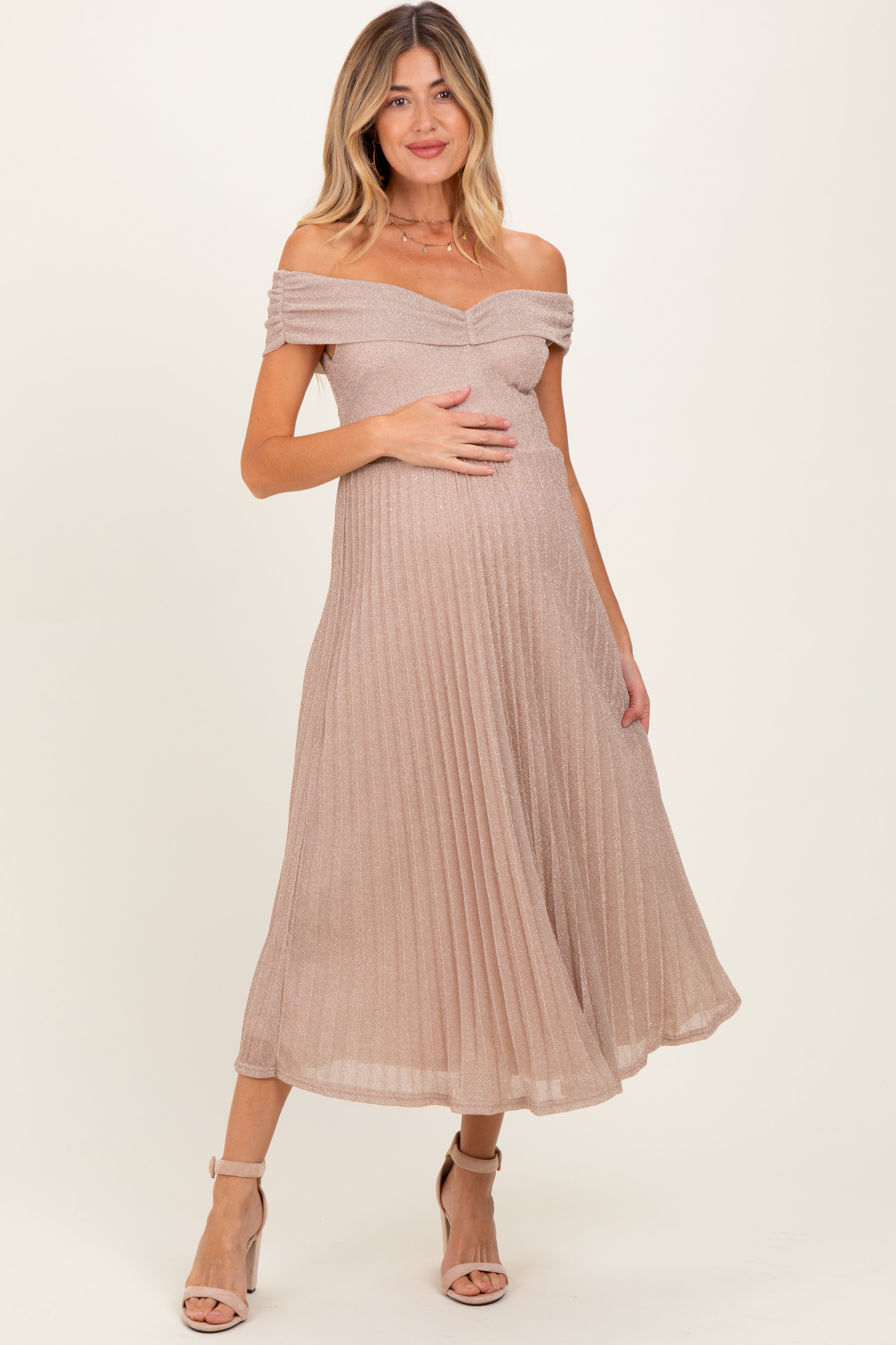 open lace back dress Beige Shimmer Off Shoulder Pleated Maternity Midi Dress – PinkBlush