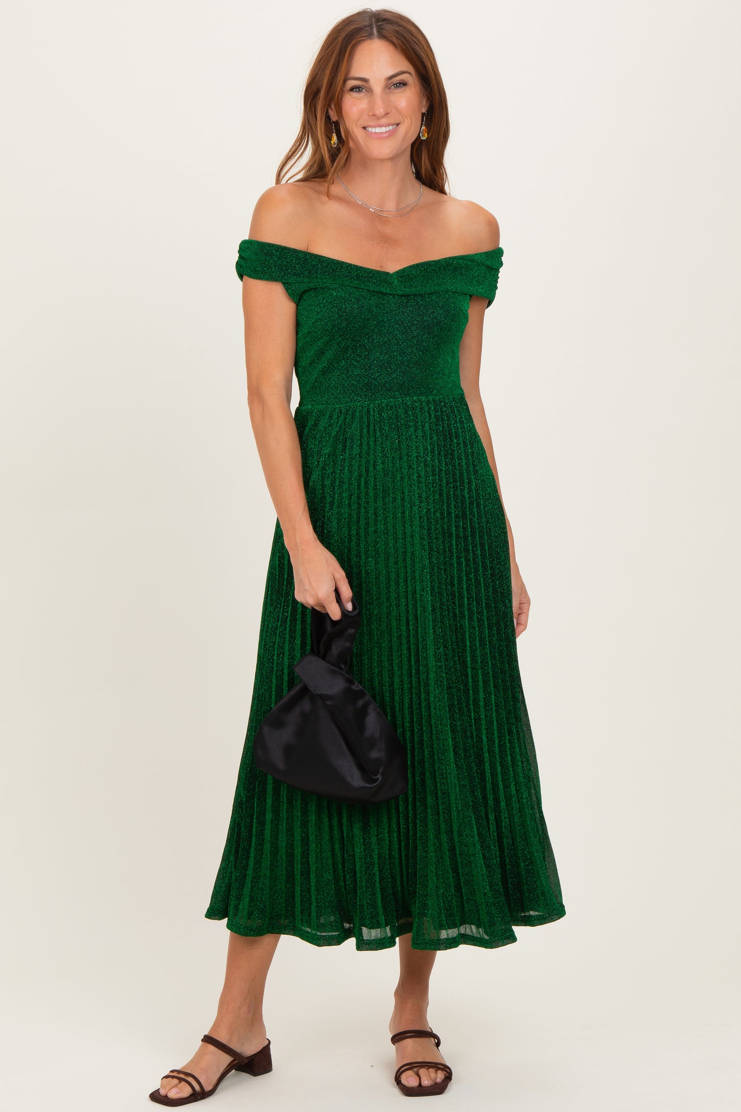 Forest Green Shimmer Off Shoulder Pleated Maternity Midi Dress Forest Green Shimmer Off Shoulder Pleated Maternity Midi Dress