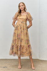 Yellow Floral Tulle Puff Sleeve Maternity Midi Dress