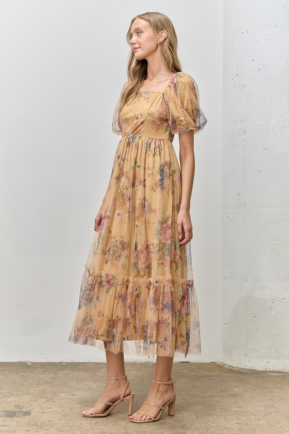 Yellow Floral Tulle Puff Sleeve Midi Dress