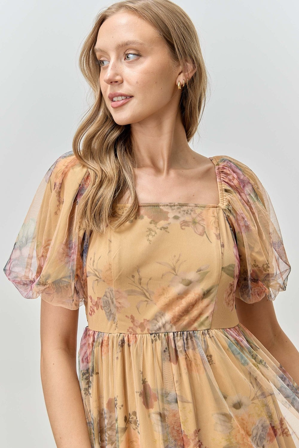 Yellow Floral Tulle Puff Sleeve Midi Dress