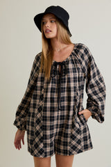 Black Beige Plaid Romper