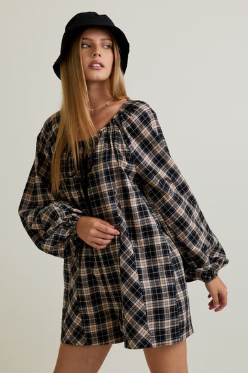 Black Beige Plaid Romper