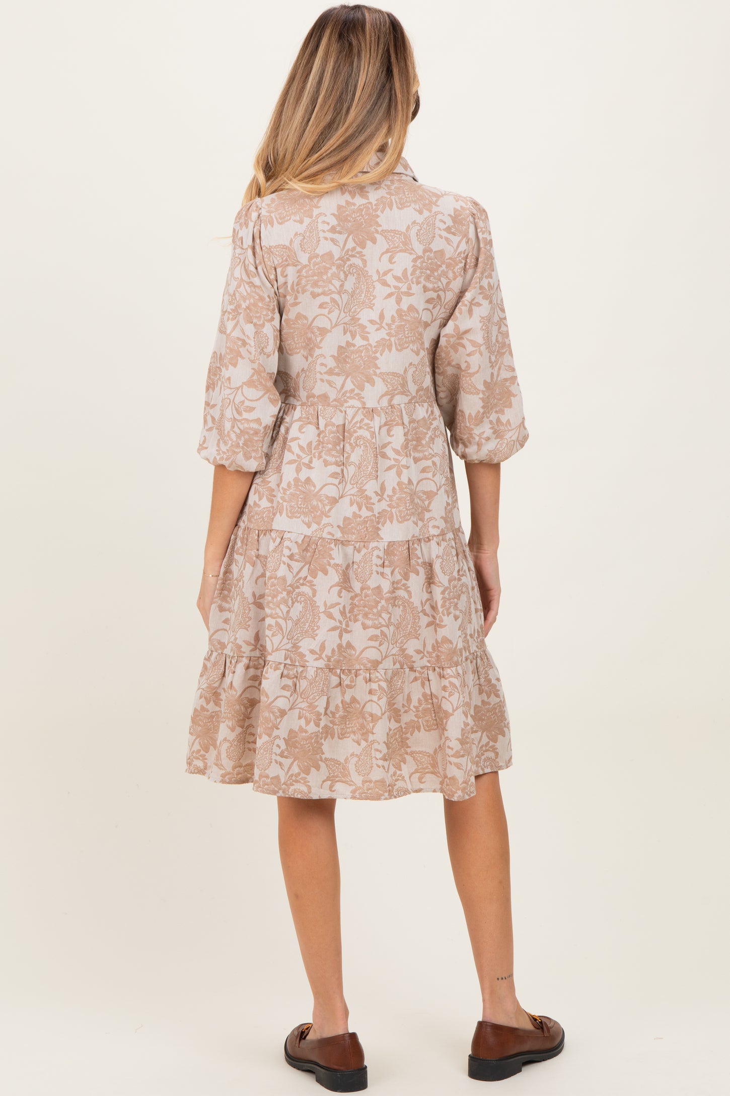 Beige Floral Button Down 3/4 Sleeve Maternity Midi Dress