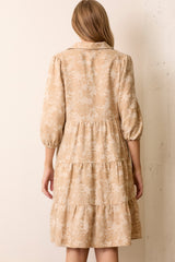 Beige Floral Button 3/4 Long Sleeve Midi Dress