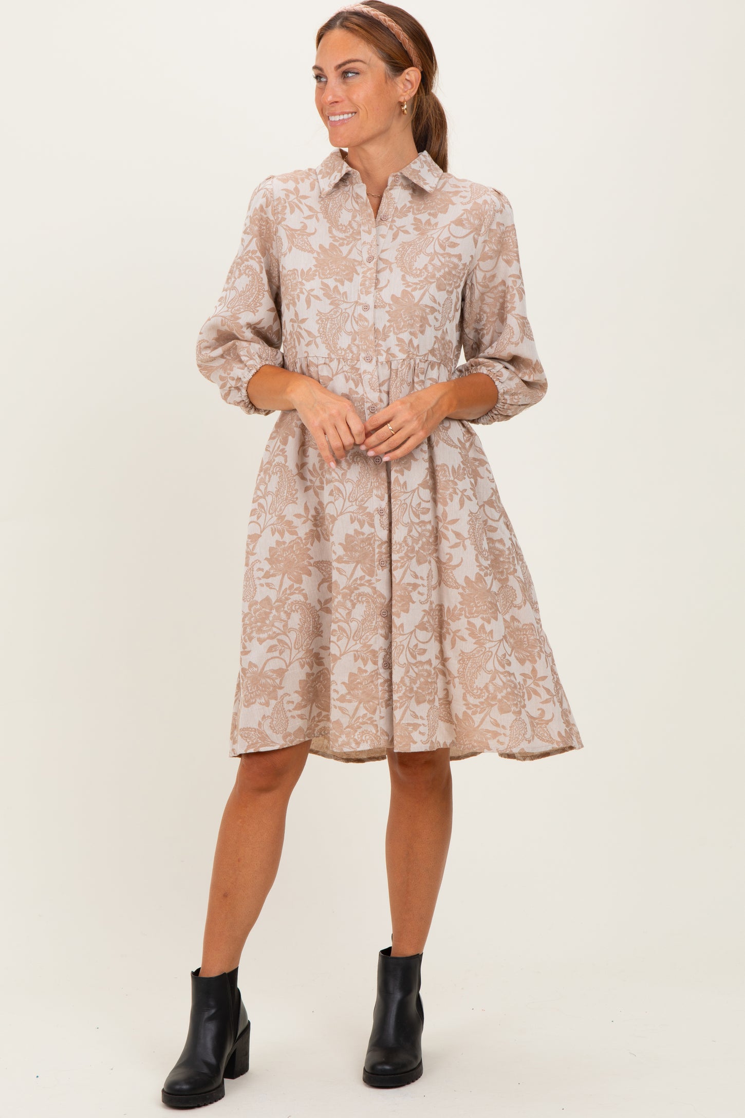 Beige Floral Button 3/4 Long Sleeve Midi Dress