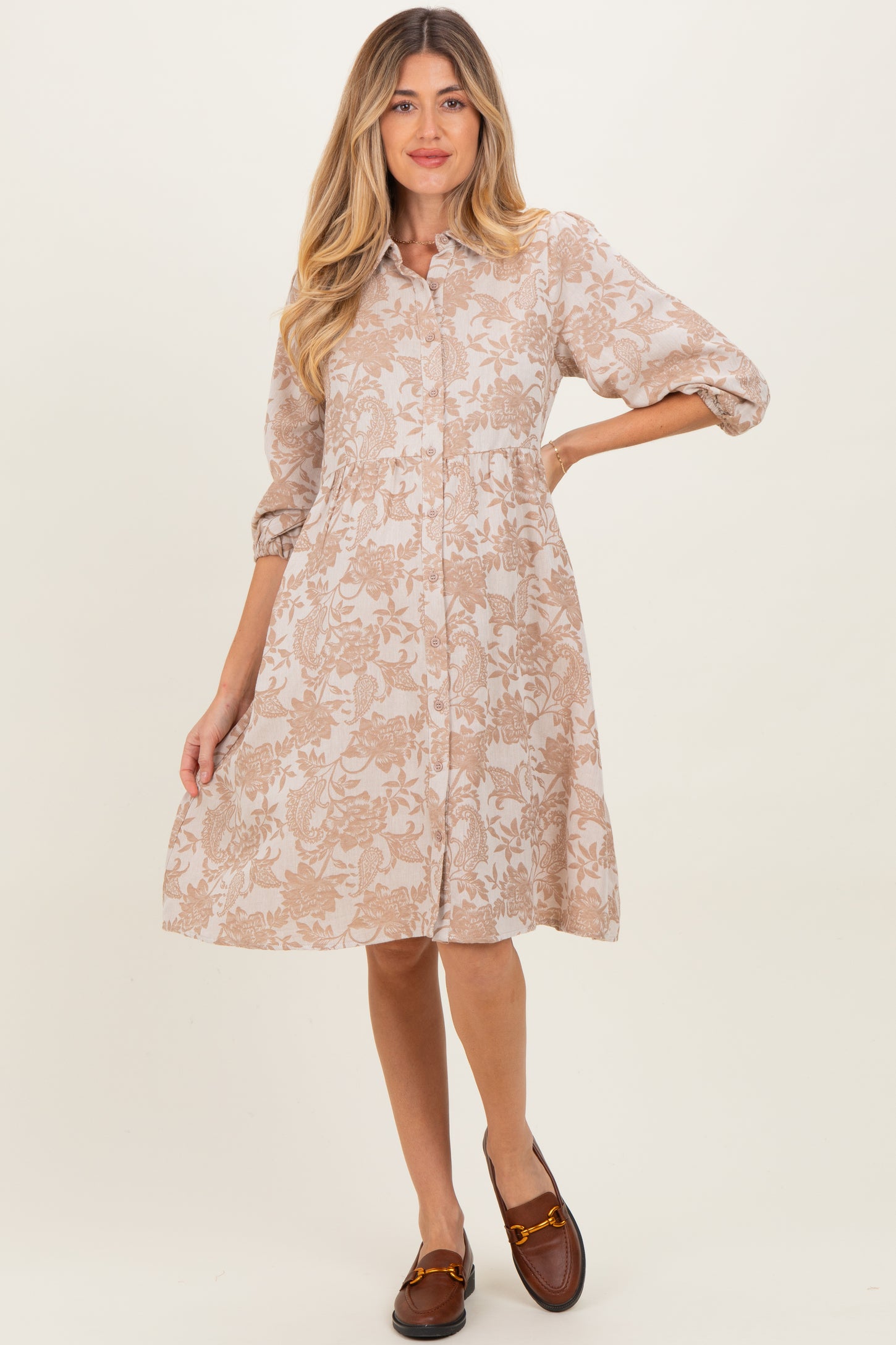 Beige Floral Button Down 3/4 Sleeve Maternity Midi Dress