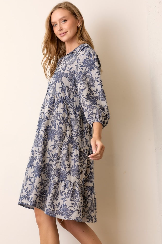 Navy Floral Button Down 3/4 Sleeve Midi Dress
