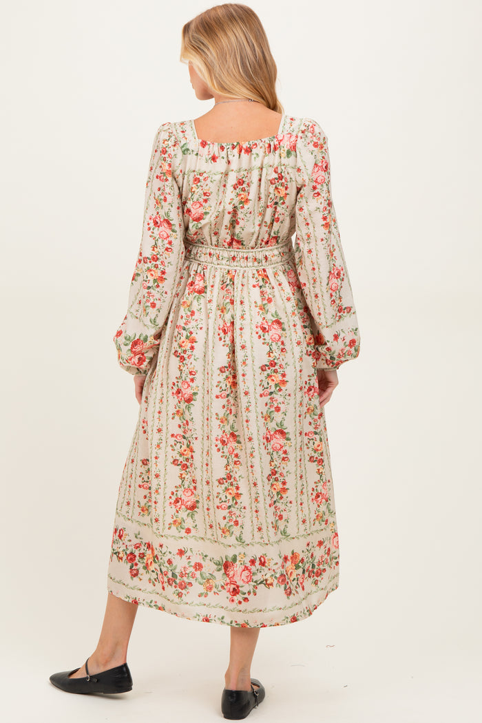Cream Floral Stripe Button Down Long Sleeve Maternity Midi Dress