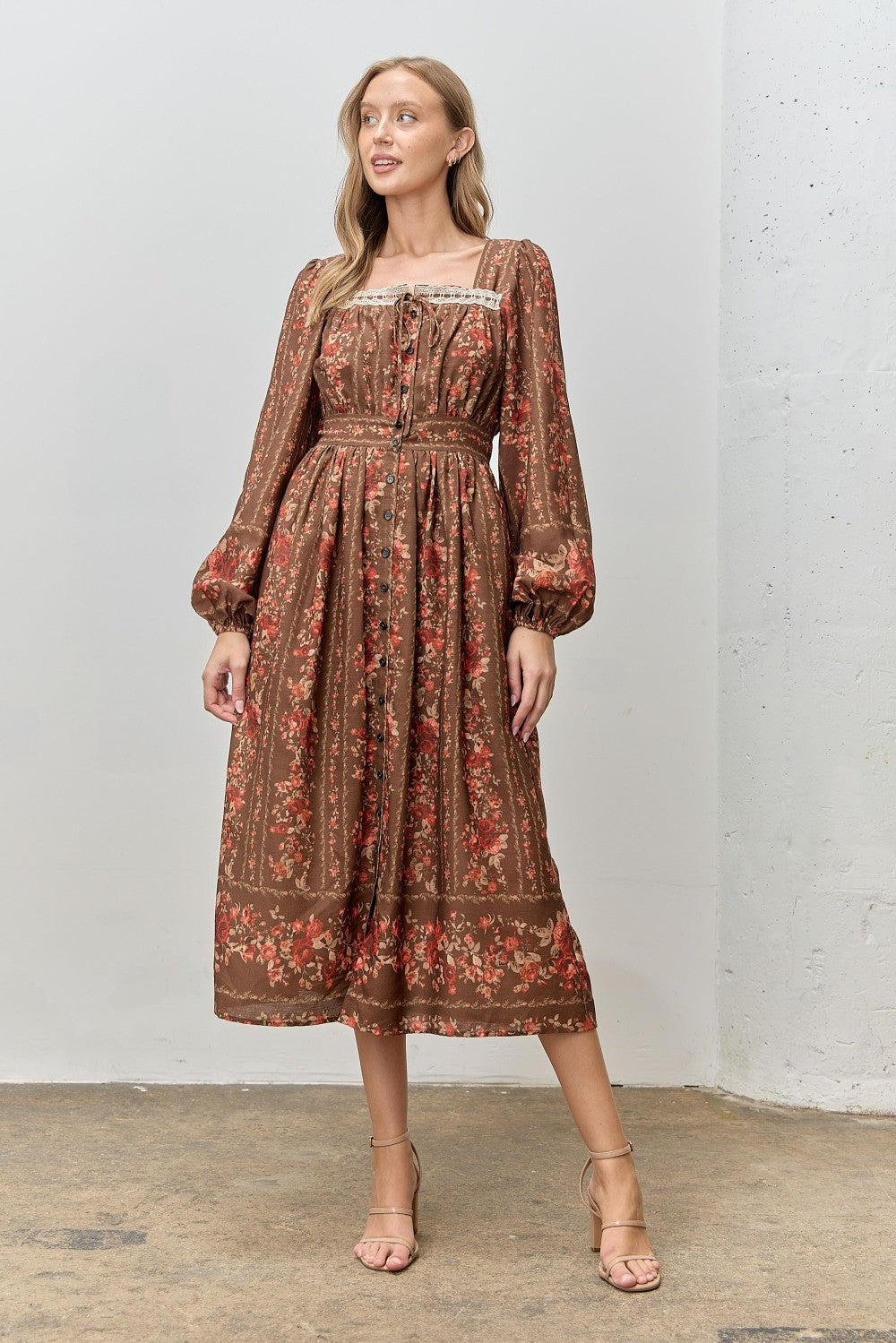 Brown Floral Stripe Button Down Long Sleeve Maternity Midi Dress