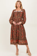 Brown Floral Stripe Button Down Long Sleeve Maternity Midi Dress