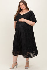 Black Leaf Textured Tiered Maternity Plus Midi Dress