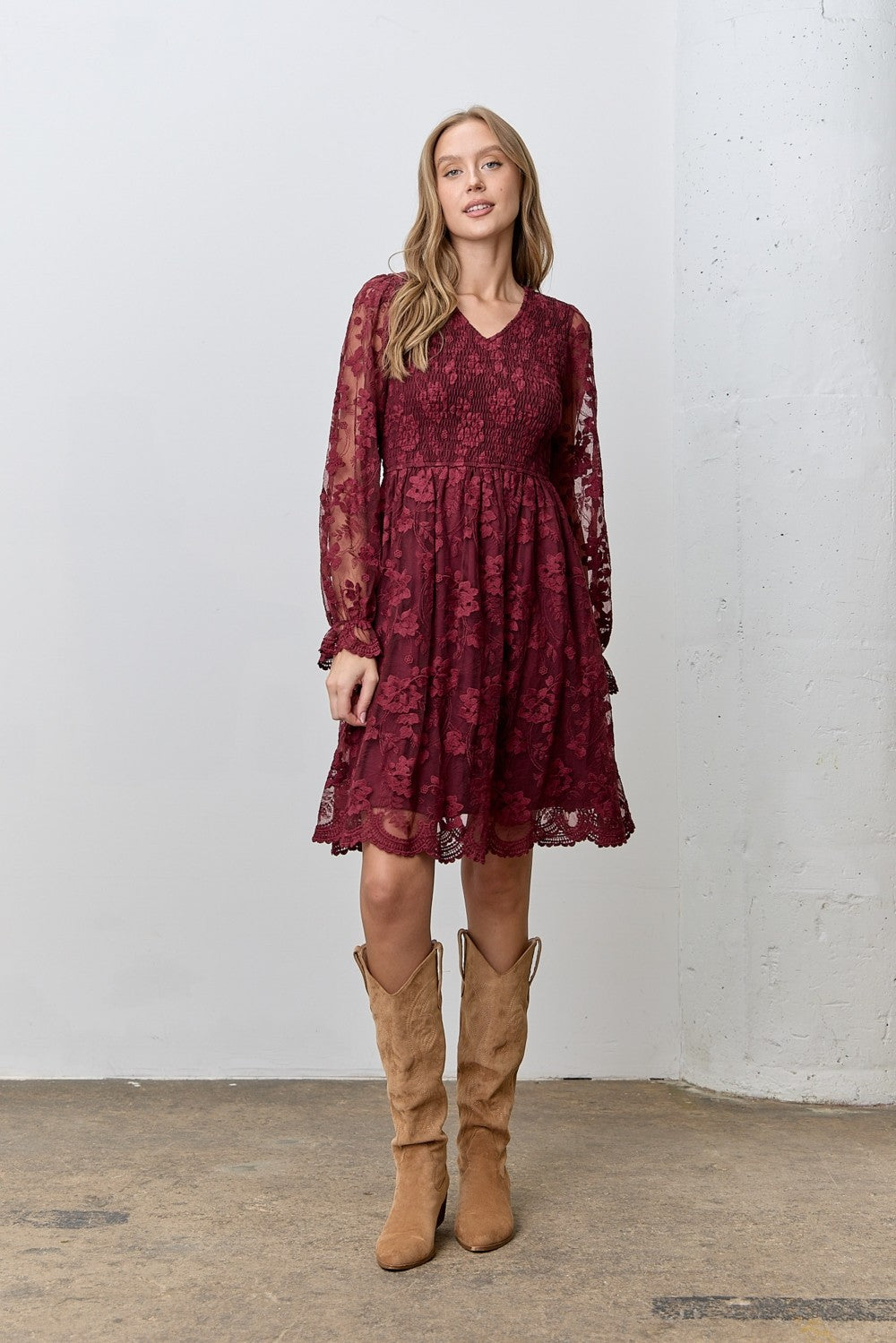 Burgundy Embroidered Lace Smocked Long Sleeve Dress