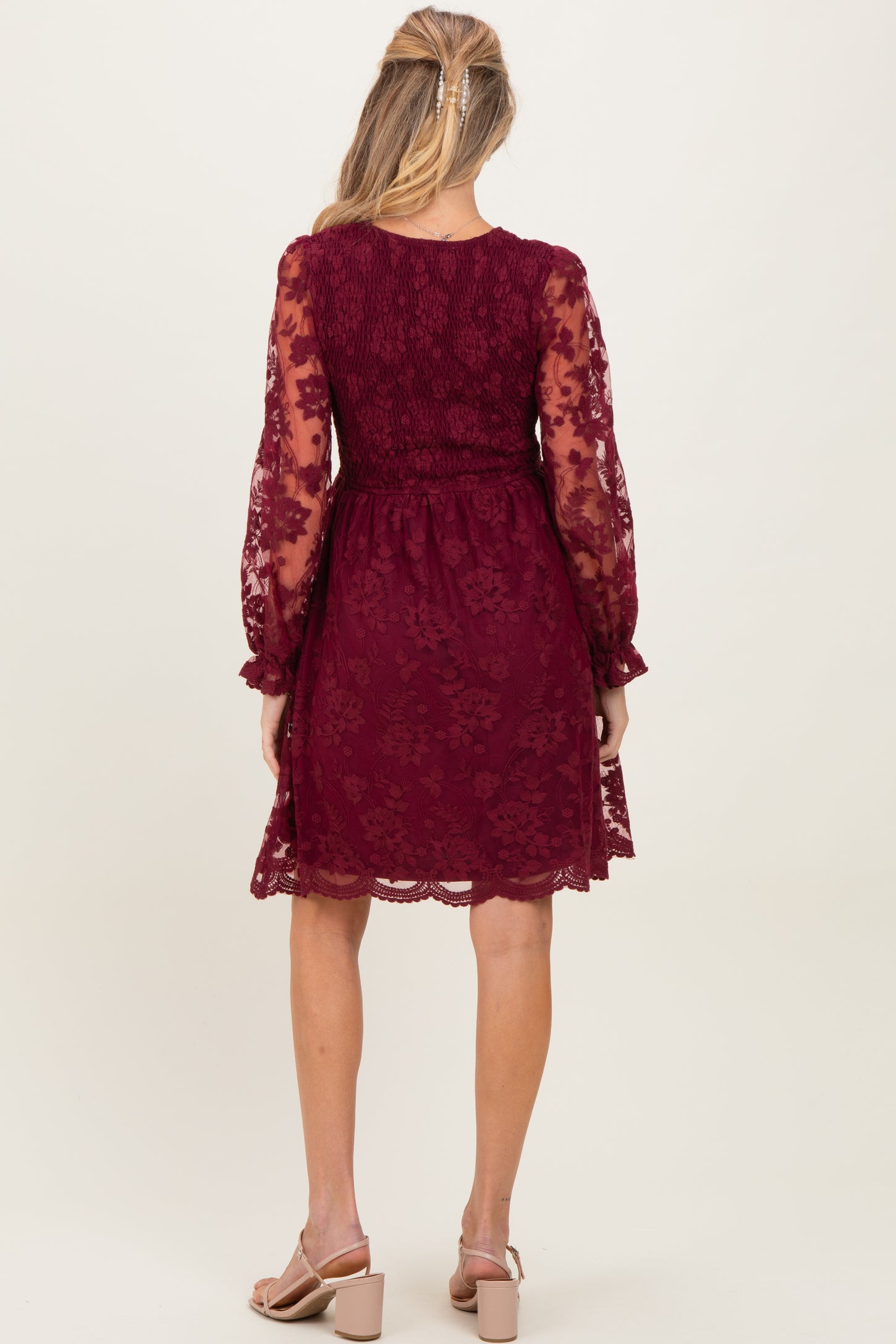 Burgundy Embroidered Lace Smocked Long Sleeve Maternity Dress