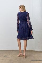 Navy Embroidered Lace Smocked Long Sleeve Dress