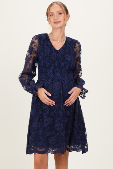 Navy Embroidered Lace Smocked Long Sleeve Maternity Dress