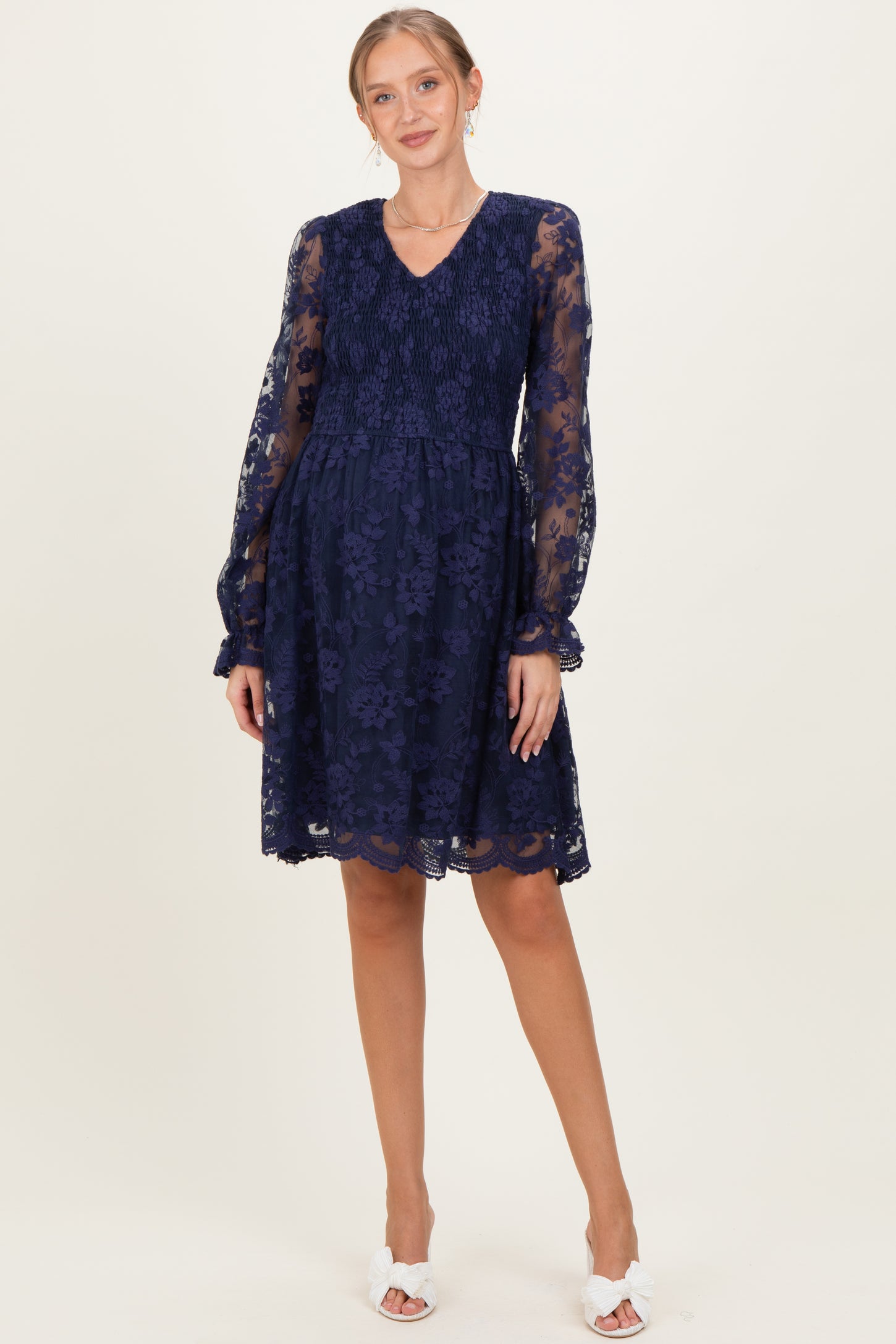 Navy Embroidered Lace Smocked Long Sleeve Maternity Dress Navy Embroidered Lace Smocked Long Sleeve Maternity Dress