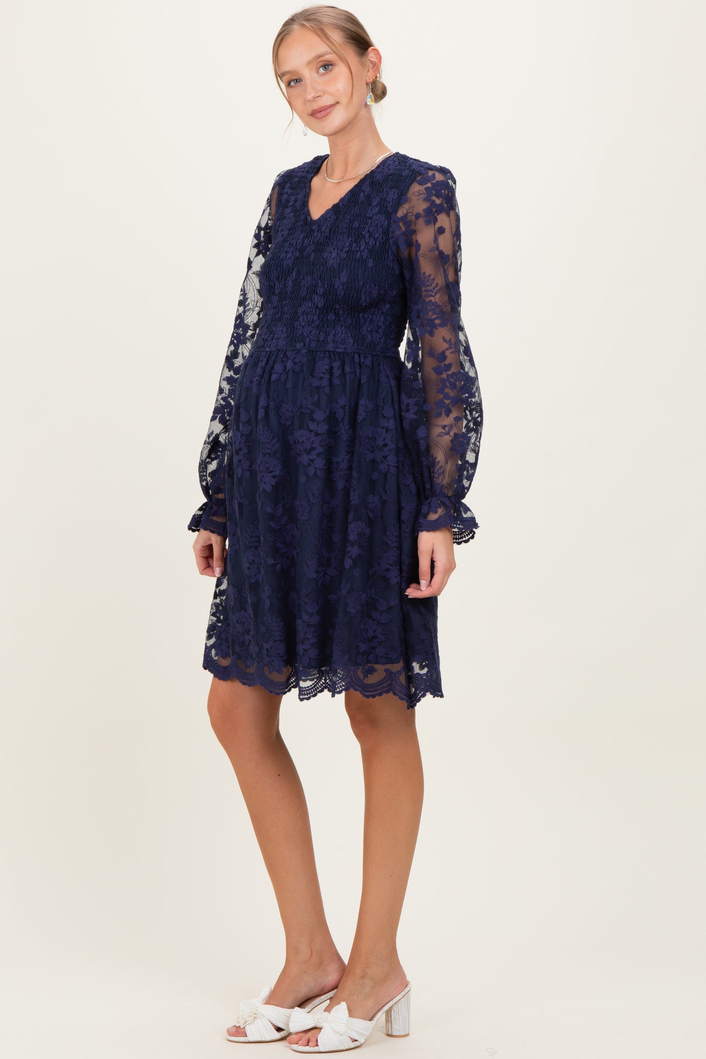 long sleeve lace maternity dress Ribbon Waist Floor-Length Lace Bump Friendly Dress