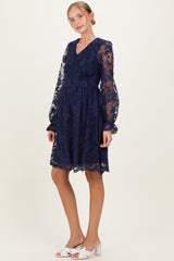 Navy Embroidered Lace Smocked Long Sleeve Maternity Dress