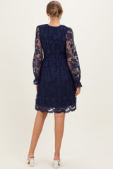 Navy Embroidered Lace Smocked Long Sleeve Maternity Dress