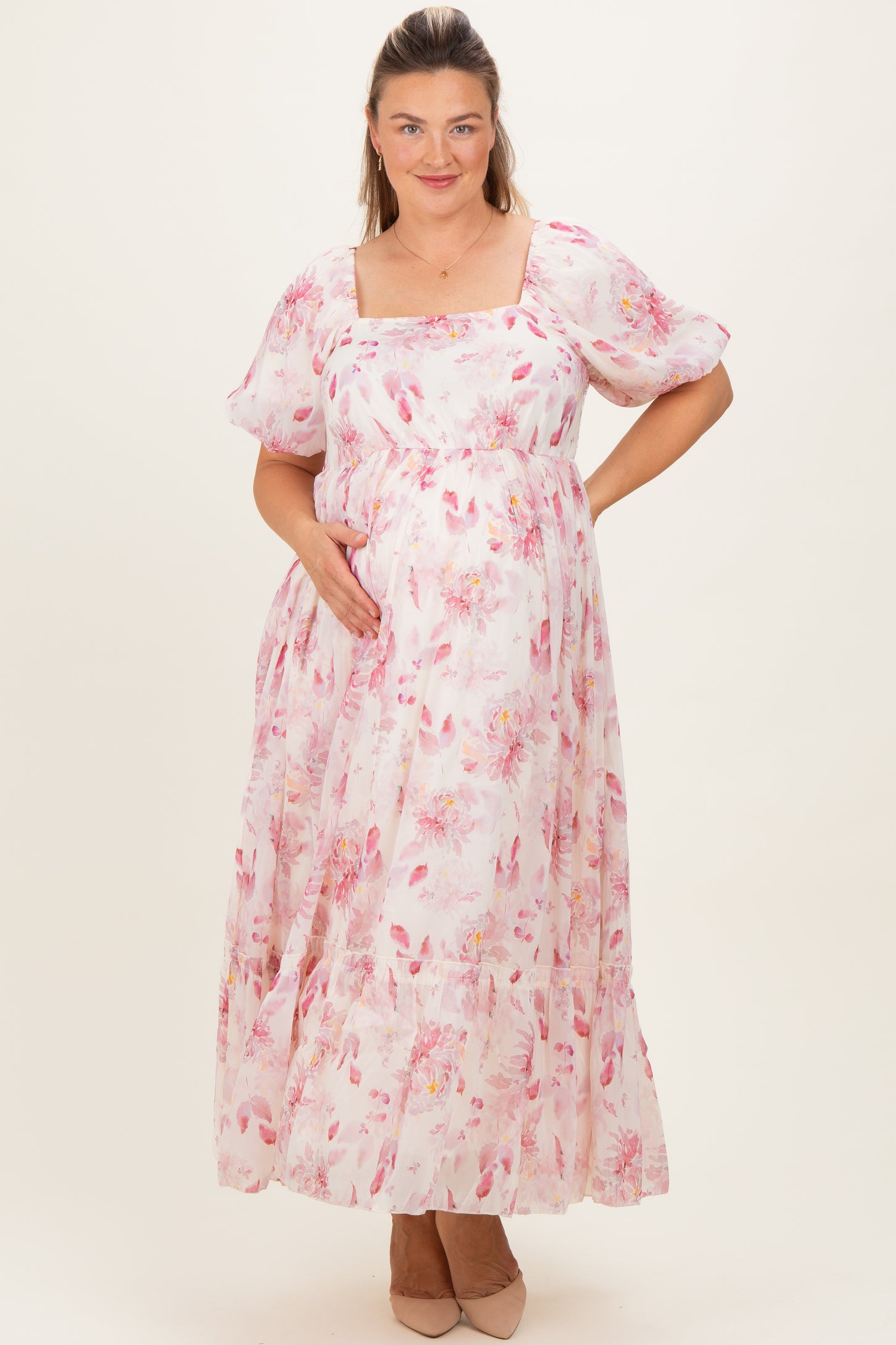 Red Floral Puff Sleeve Plus Maternity Maxi Dress PinkBlush Red Floral Puff Sleeve Plus Maternity Maxi Dress PinkBlush