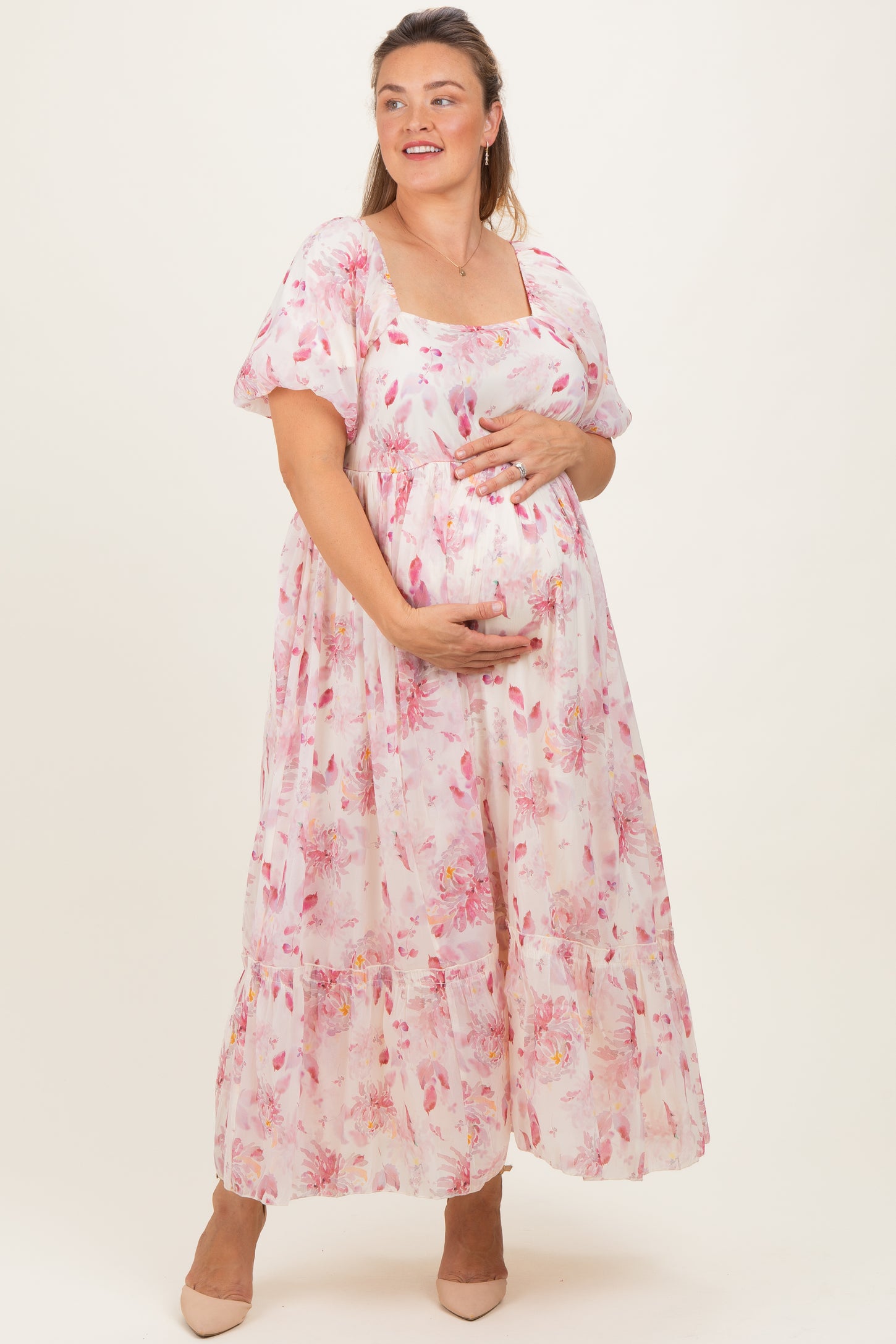 Red Floral Puff Sleeve Plus Maternity Maxi Dress