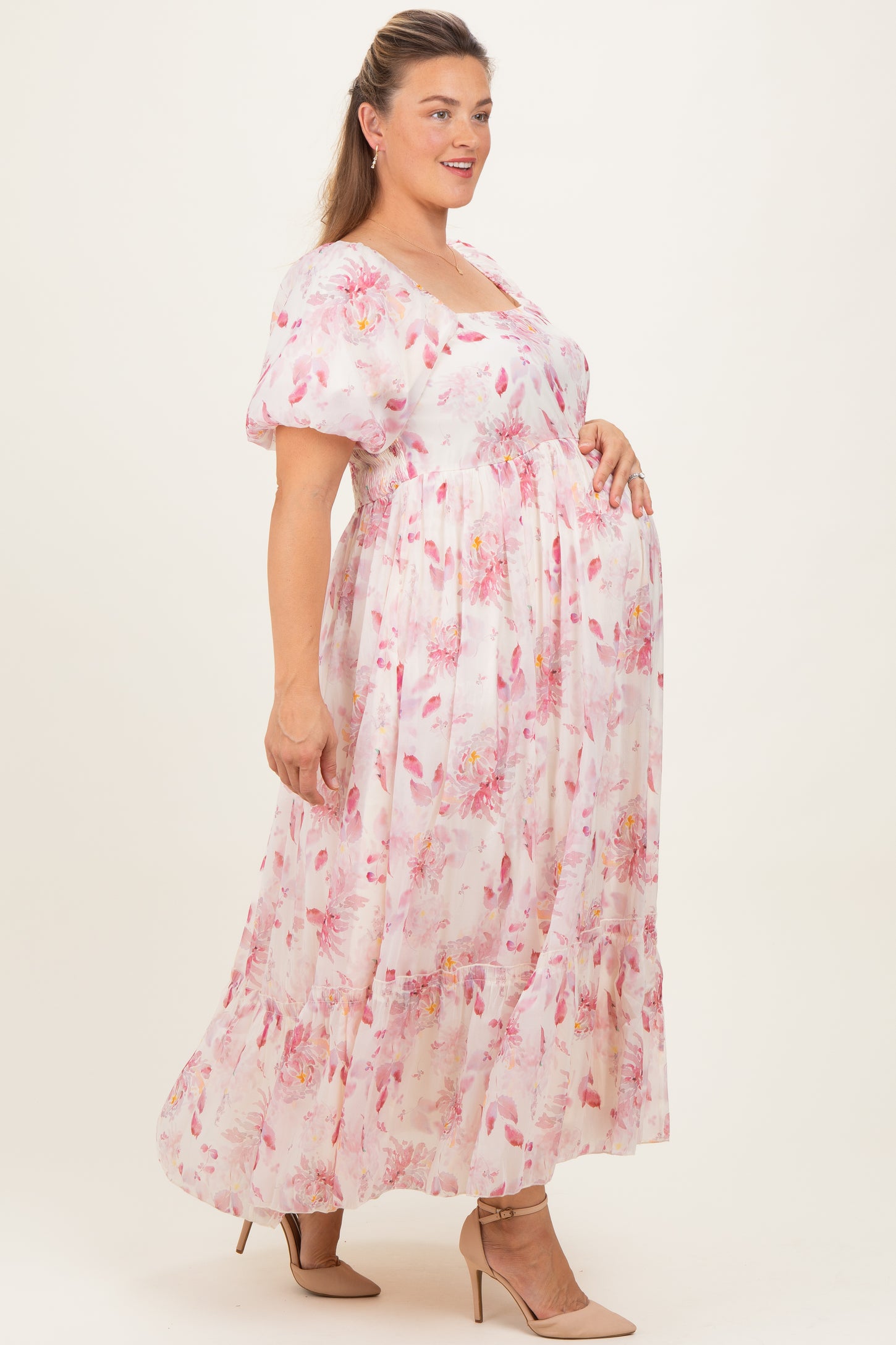 Red Floral Puff Sleeve Plus Maternity Maxi Dress