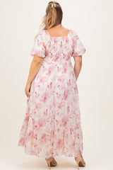 Red Floral Puff Sleeve Plus Maternity Maxi Dress