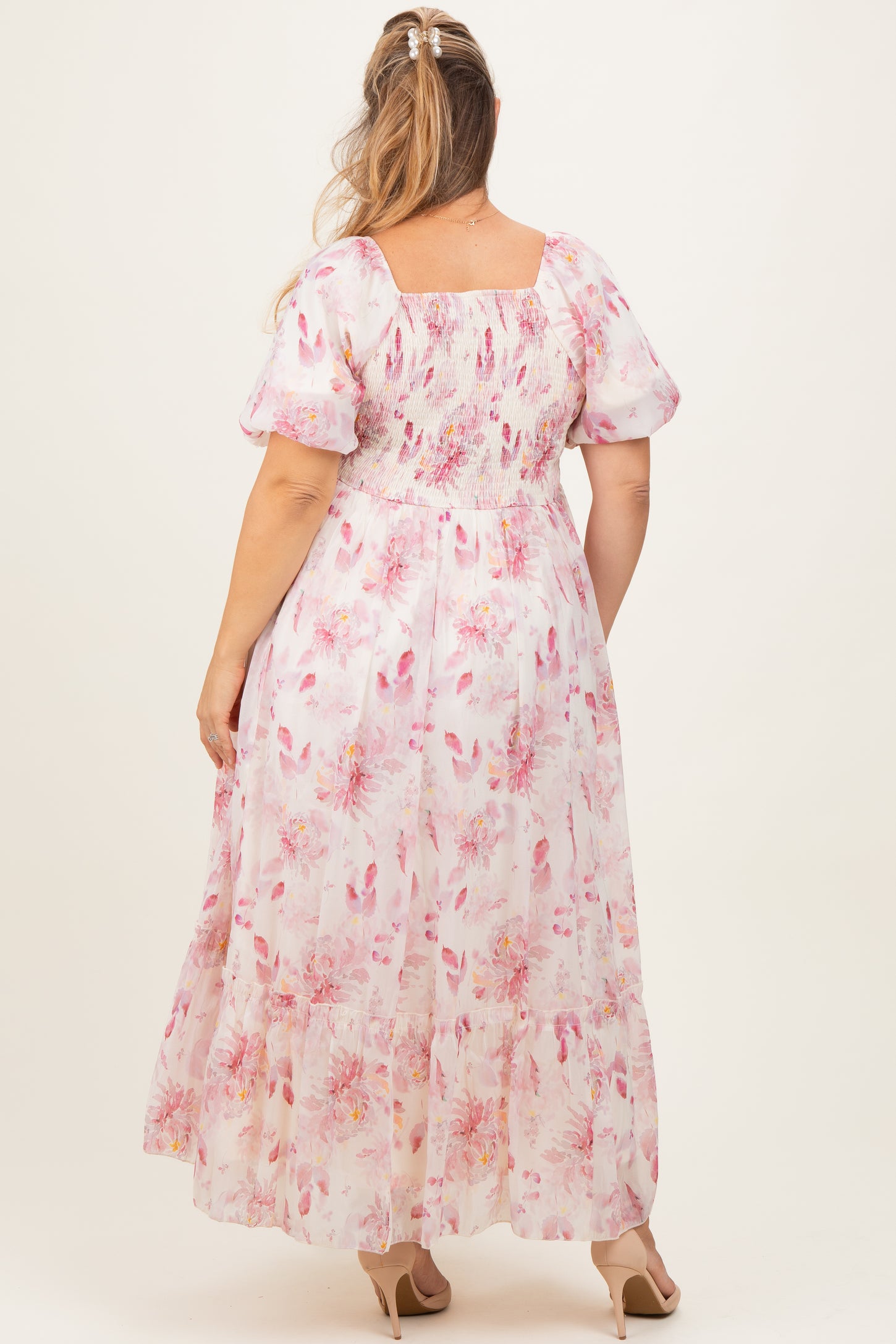 Red Floral Puff Sleeve Plus Maternity Maxi Dress