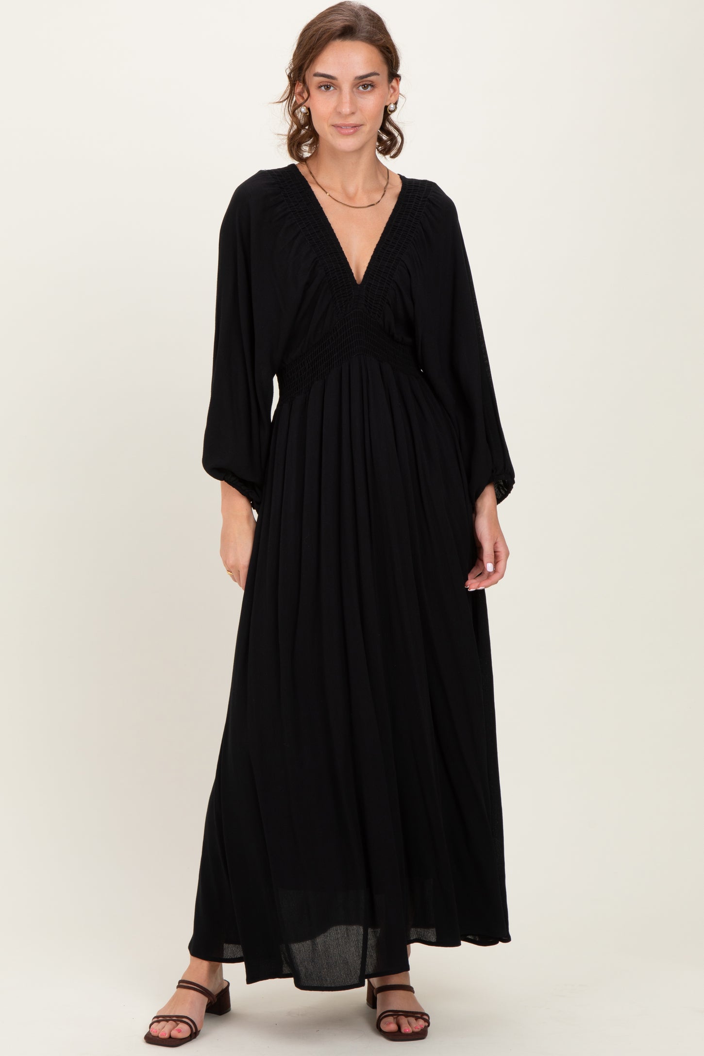 Black Solid Long Sleeve V-Neck Smocked Detail Maternity Maxi Dress