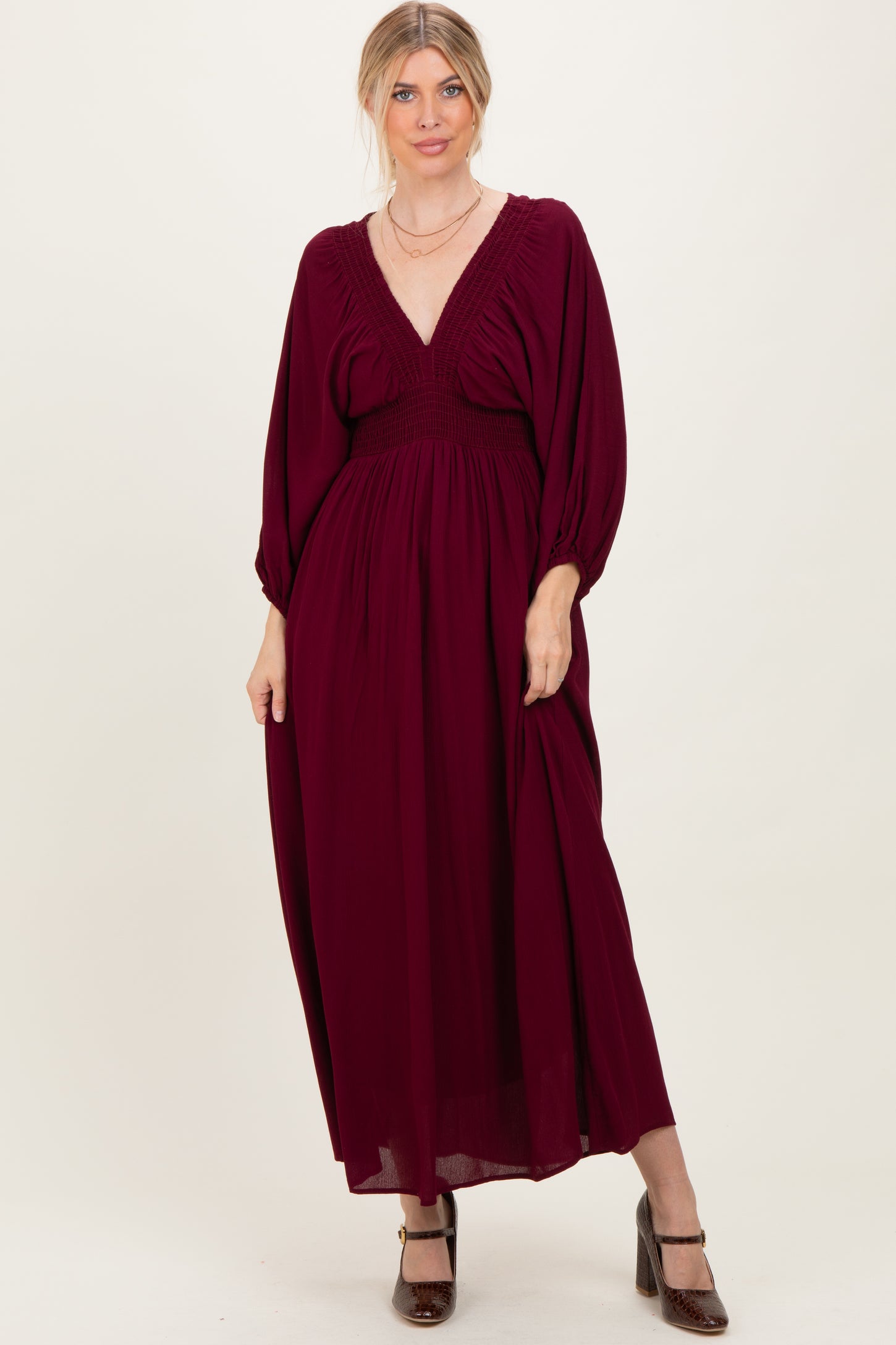 Burgundy Solid Long Sleeve V-Neck Smocked Detail Maxi Dress