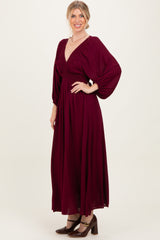 Burgundy Solid Long Sleeve V-Neck Smocked Detail Maxi Dress