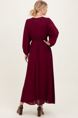 Burgundy Solid Long Sleeve V-Neck Smocked Detail Maxi Dress