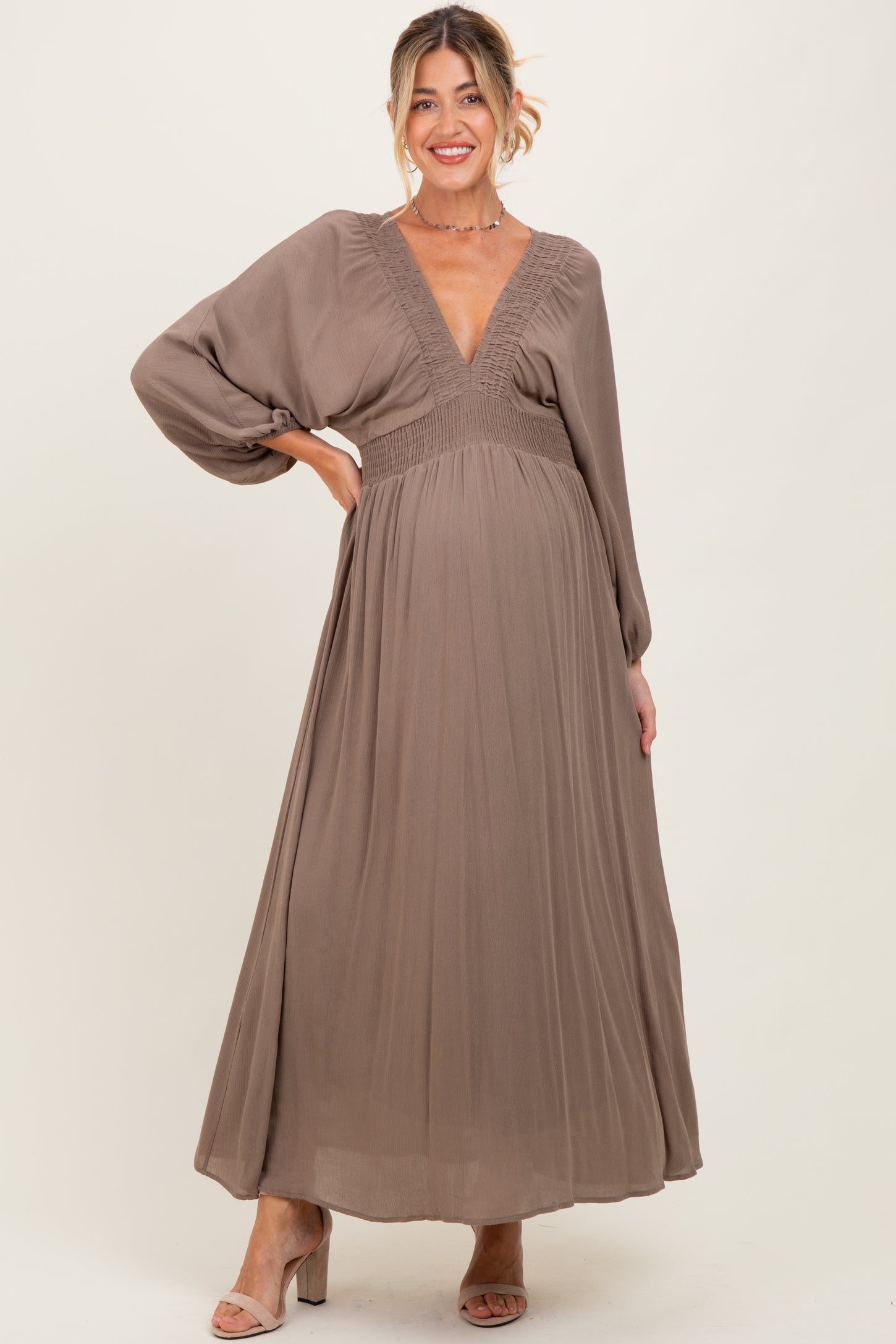 Mocha Solid Long Sleeve V-Neck Smocked Detail Maternity Maxi Dress