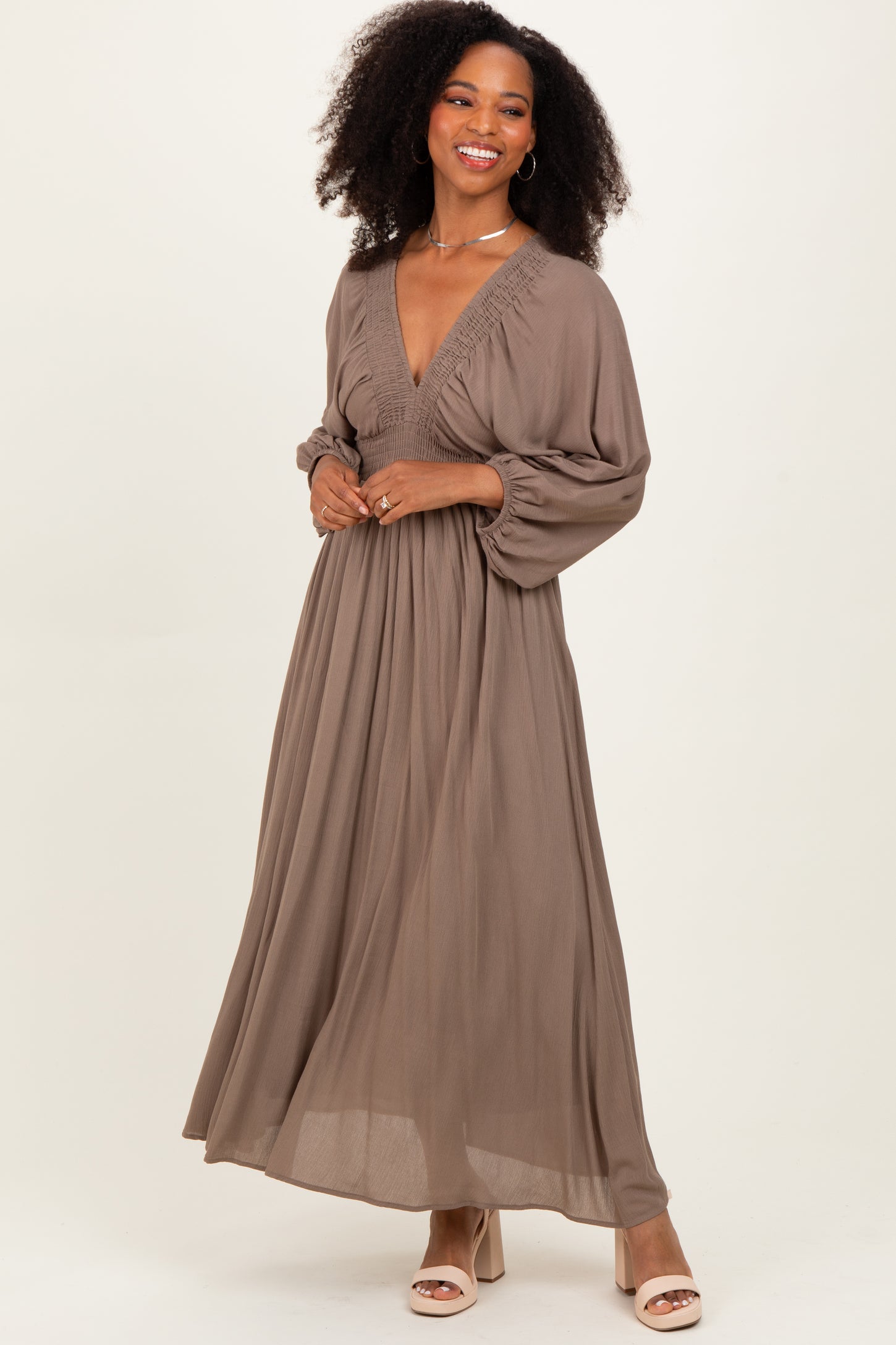 Mocha Solid Long Sleeve V-Neck Smocked Detail Maternity Maxi Dress