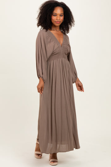 Mocha Solid Long Sleeve V-Neck Smocked Detail Maxi Dress