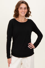 Black Solid Ribbed Ruched Long Sleeve Top