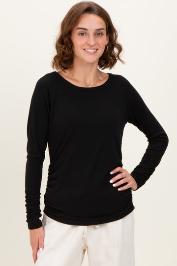 Black Solid Ribbed Ruched Long Sleeve Top