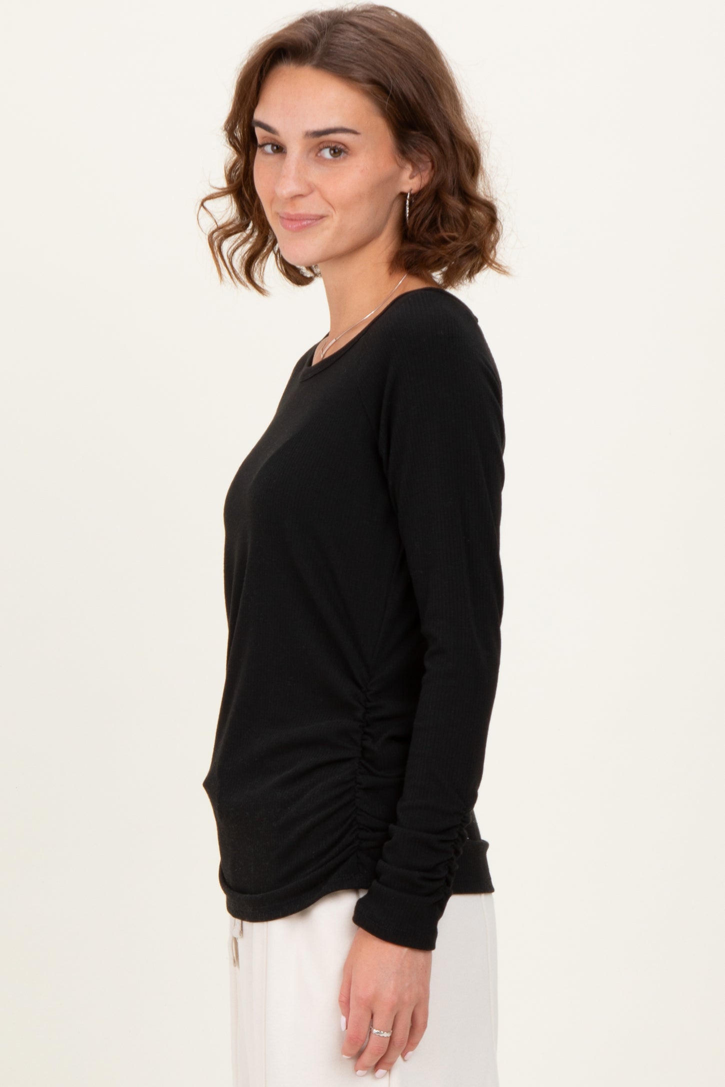 Black Solid Ribbed Ruched Long Sleeve Top